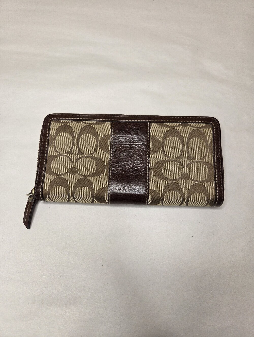 Coach Signature Canvas Leather Zip Around Wallet Brown Khaki Continental Wallet